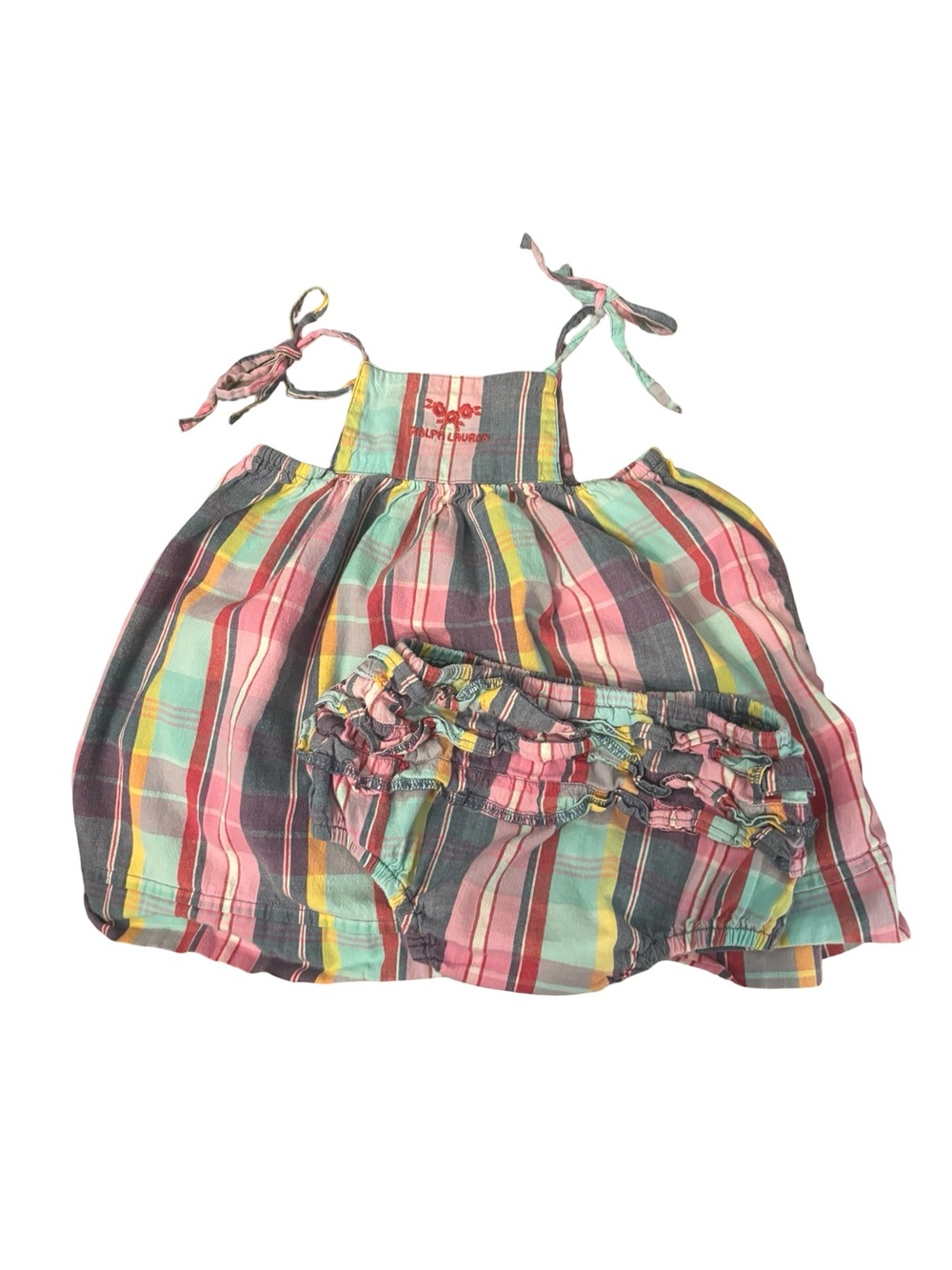 Vintage Ralph Lauren Plaid Pastel Infant Sundress & Bloomers Set Small 6-12 M
